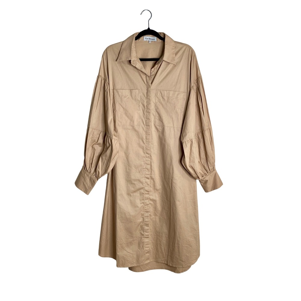 NEW En Saison Camel Balloon Sleeve Open Back Cotton Shirt Dress Quiet Luxury Lrg